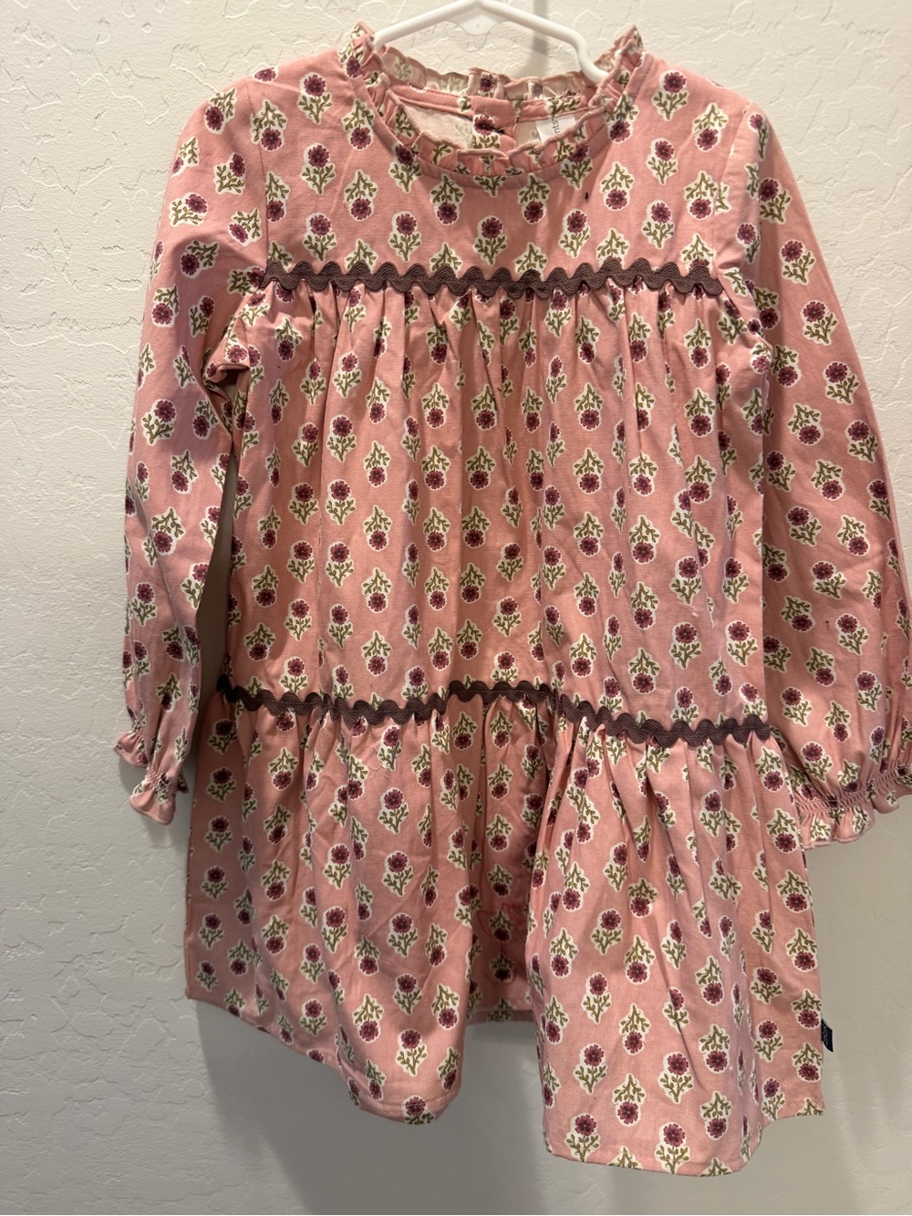 Girls' Pink Floral Long-Sleeve Tiered Dress